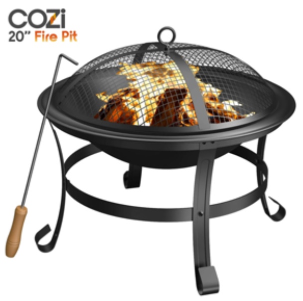 Cozi 20" Wood Burning Fire Pit with Iron Net and Cover Lid for Backyard and Camping