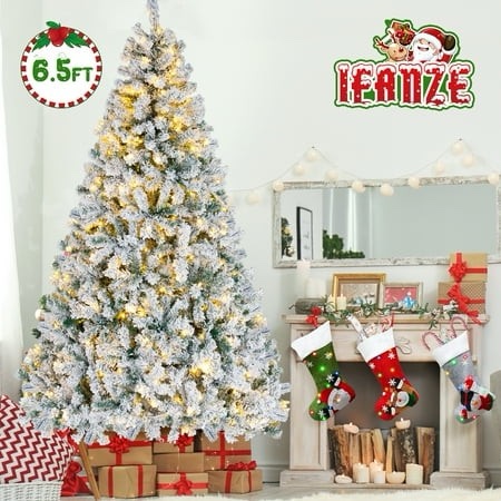Ifanze 6.5ft Pre-lit Snow Flocked Christmas Tree with 300 Warm Lights 1200 Tips Artificial Snowy Xmas Pine Tree with Reinforced Metal Base for Home