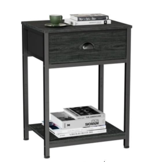 Furologee Classic Nightstand with Drawer, End Table with Storage Shelf & Fabric Drawer, Retro Bedside Table, Sturdy Side Table for Living Room, Bedroom, Black Oak
