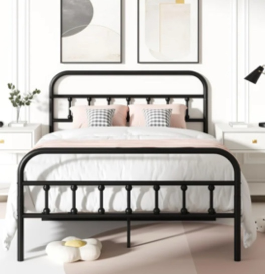UHOMEPRO Full Platform Bed Frame with Headboard, Metal Full Size Bed Frame for Adults Teens Kids, Rustic Vintage Full Bed Frame Bedroom Furniture, No Box Spring Needed, Black