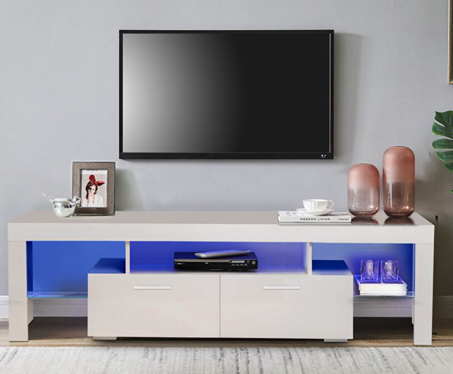 White Modern TV Stand with LED Lights, High Glossy Front TV Cabinet, Fits up to 65 Inch TV, Color: White