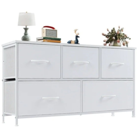 Yangming 5 Drawer Fabric Dresser for Bedroom, Chest of Drawer Organizer Storage Cabinet for Closet, Entryway, White