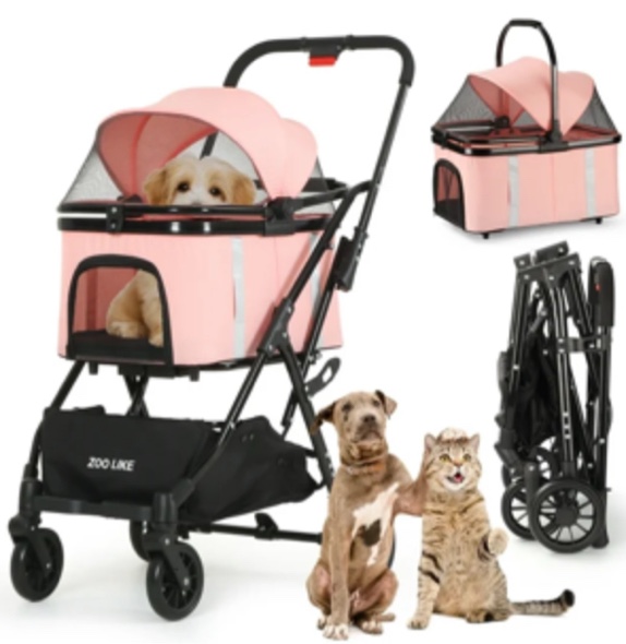 Zoolike Pet Stroller, Dog Cat Stroller 3-in-1 Detachable Doggy Stroller for Small Medium Dogs 4 Wheel Dog Travel Jogger Cart Cat Walker Foldable Wagons for Doggy Rabbit Puppy, Pink