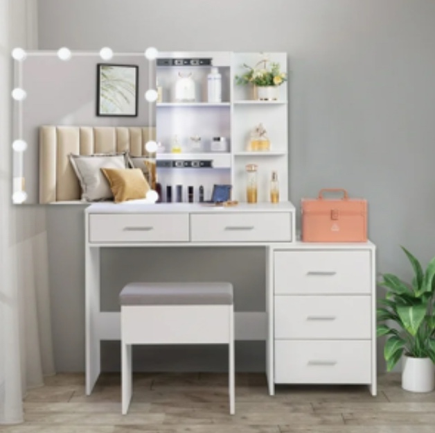 Ktaxon Lighted Makeup Vanity Table Set Dressing Table with Sliding Mirror Vanity Desk White