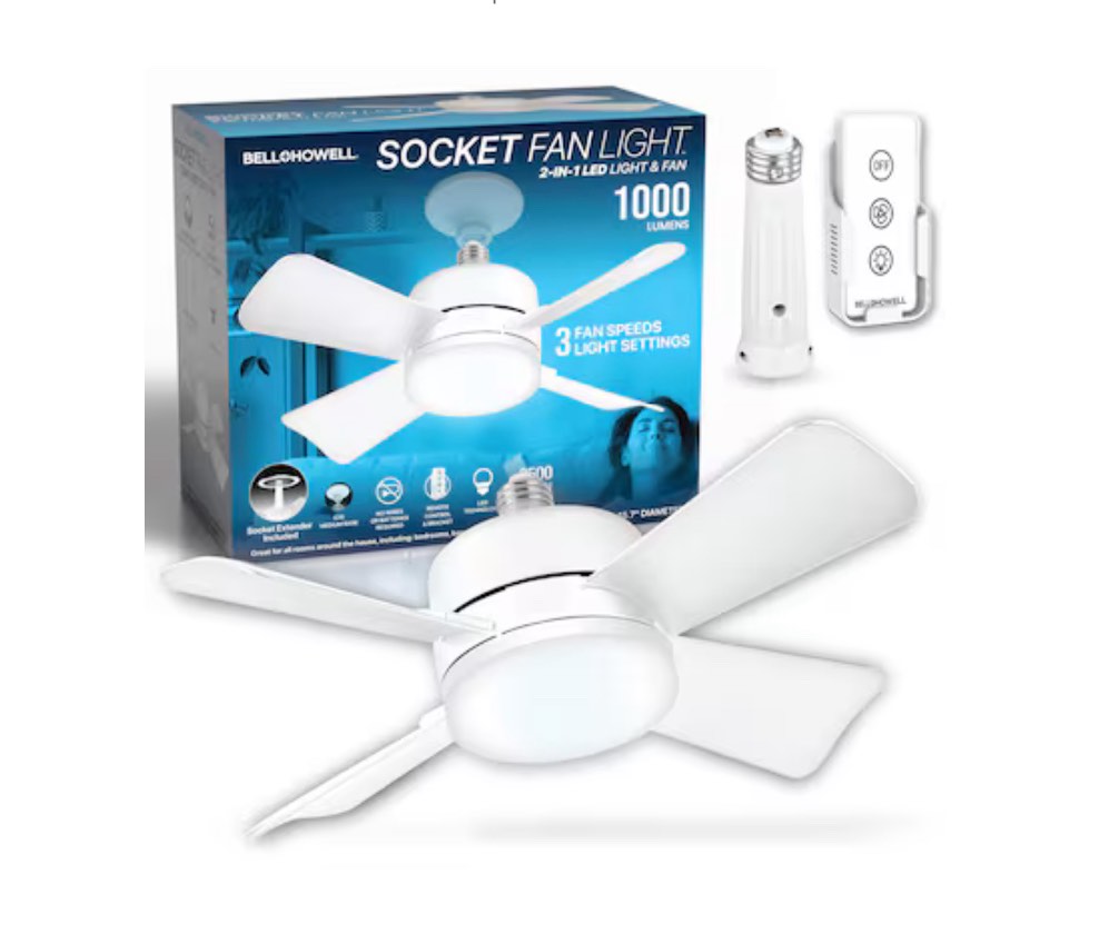 BELL + HOWELL Socket Fan 15.7-in White LED Indoor Flush Mount Ceiling Fan with Light and Remote (4-Blade)