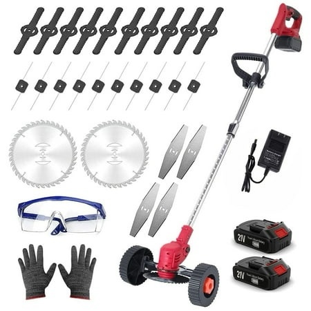 Electric Cordless Grass Trimmer, Lawn Mower, Rechargeable Grass Mower, Weed Lawn Edger Eater, Electric Grass Cuting Machine with Wheels with 2 Batteries(RED)