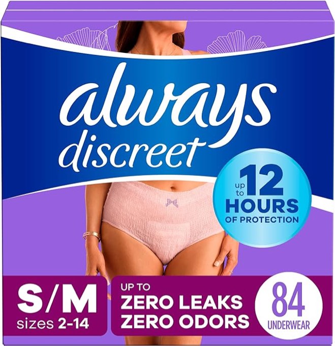 Always Discreet Adult Incontinence Underwear for Women and Postpartum Underwear, S/M, Up to 100%* Bladder Leak Protection, 84 CT,