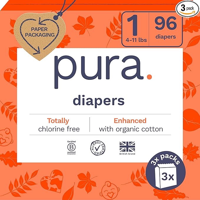 Pura Size 1 Eco-Friendly Diapers (4-11lbs) Totally Chlorine Free (TCF), Hypoallergenic, Soft Organic Cotton Comfort, Sustainable, Wetness Indicator, Allergy UK