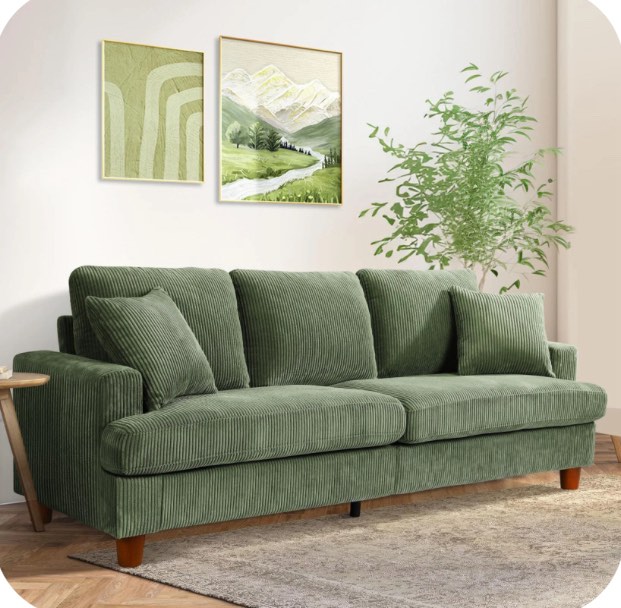 87" Corduroy Sofa,3 Seater Sofa with Extra Deep Seats,Neche Comfy Upholstered Couch for Living Room,2 Pillows,Green