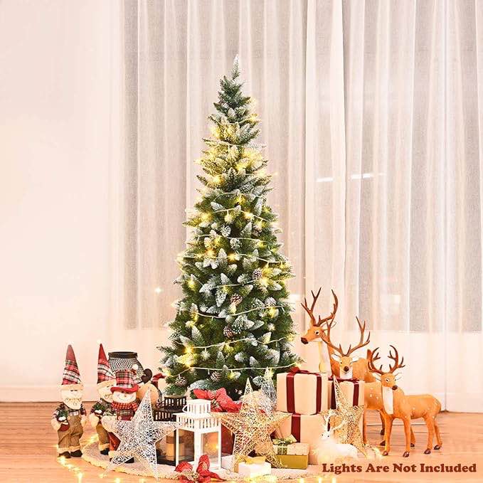 Costway - 6ft Snow Flocked Unlit Pencil Christmas Tree Hinged Pine Cones - Green/White
