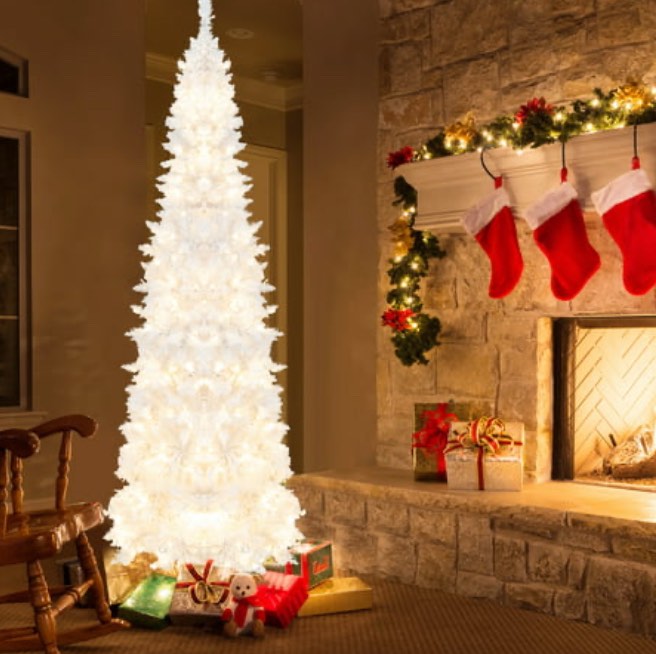 Gymax 7FT Pre-Lit Slim Pencil Christmas Tree Full Artificial Tree W/ LED Lights