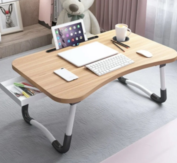 PHANCIR Foldable Lap Desk, 23.6 Inch Portable Wood Laptop Desk Table Workspace Organizer Bed Sofa Tray with Slots/Cup Holder/Drawer, Anti-Slip for Reading Writing Eating Watching, Walnut