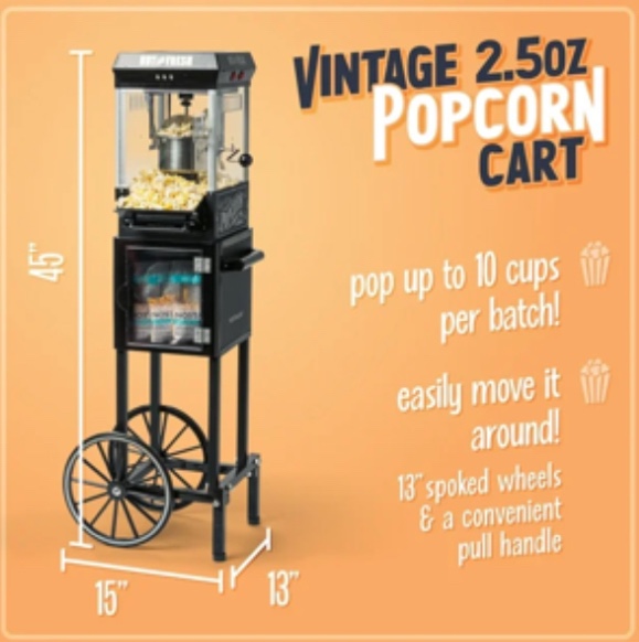 Nostalgia Appliances Popcorn Cart Vintage Movie Theatre Popcorn Machine, 