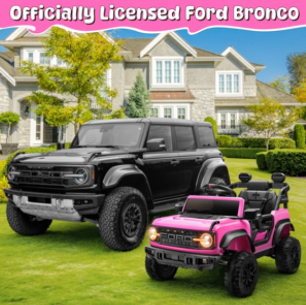 Ford Ride on Toy Cars, 12V Ford Bronco Raptor Powered Ride on Truck with Remote Control, Electric Car for Kids Girls 3-5 Gift with Bluetooth, Bright LED Headlight, Safety Belt, 4 Wheelers, Pink