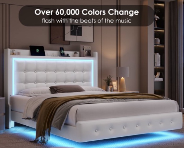 Homfa Queen Size Floating Bed with LED Lights Charging Station, Modern PU Upholstered Platform Bed with Storage Headboard, White