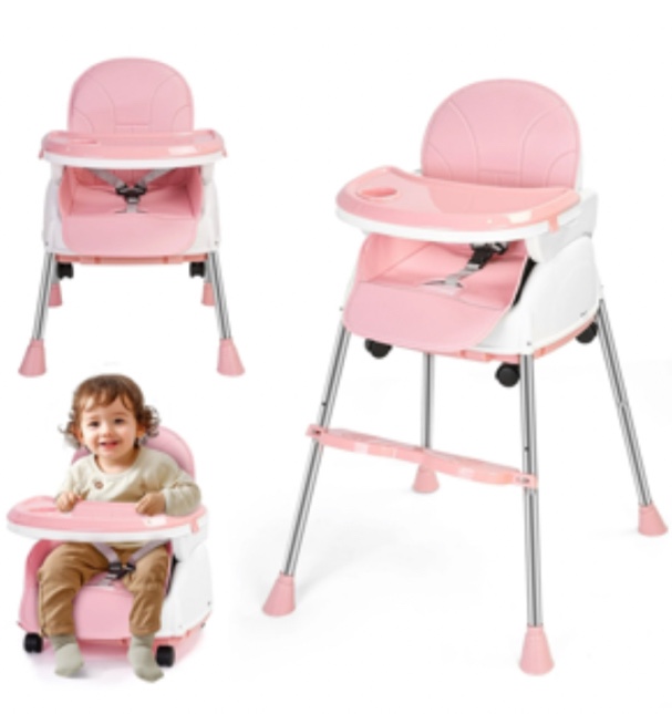 Welbabel Baby High Chair,5-in-1 Convertible Highchair for Babies and Toddlers with 3-Point Seat Belt,Double-layer Dinner Plate,Baby Seat for Walk,Pink
