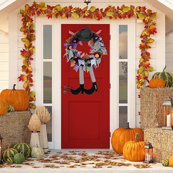 Halloween Wreath Halloween Wreaths for Front Door, Halloween Door Wreath with Witches Hat, Legs and Pumpkin, Halloween Decorations Indoor, for Window, Indoor,Porch and Outdoor Decor