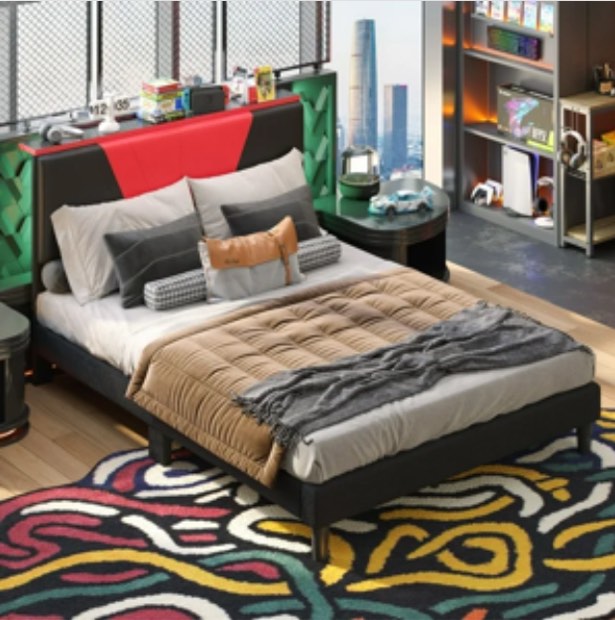 Bestier Full Size Bed Frame with LED Adjustable Storage headboard, PU Leather Upholstered Platform Bed, Black& Red