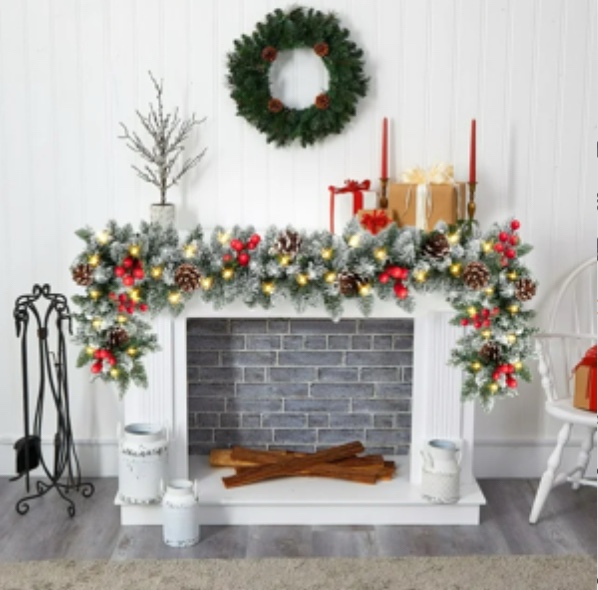 ENVEN 9FT Pre-Lit Flocked Christmas Garland with Ornaments 50LED 8 modes Lights Battery Box