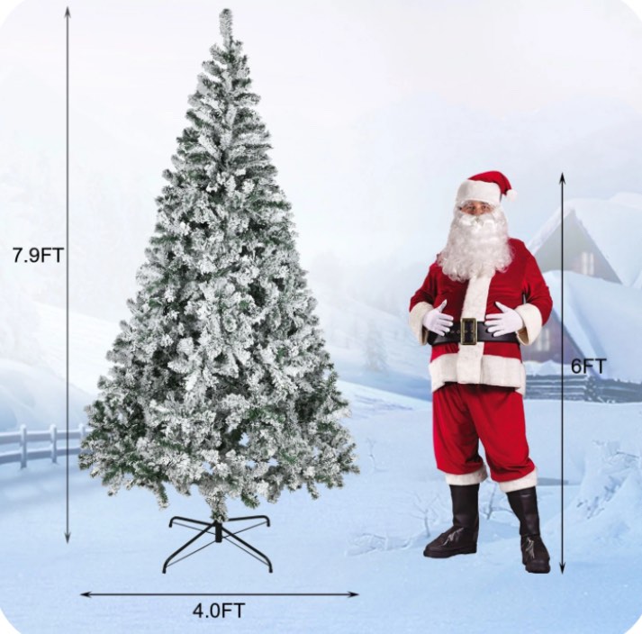 Owis 8ft Pre-Lit Artificial Christmas Tree with Flocked Snow, 1000 Tips Lighted Xmas Tree with 100 LED Lights, 8 Modes Batteries Operated for Indoor Holiday Festival Decoration
