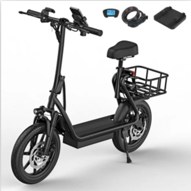 AOVOPRO ESBS 500W 14 inch Commuter Electric Scooter with Seat &Carry Basket for Adult-Up to 28 Miles 21MPH