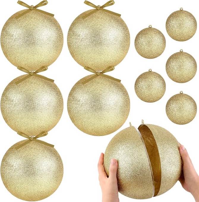 Karenhi 10 Pcs Extra Large Shiny Christmas Ball Ornaments Oversized Xmas Tree Ornaments Fillable Big Giant Jumbo Plastic Holiday Hanging Gift Box Decor for Indoor Outdoor Outside Lawn Yard (Gold)