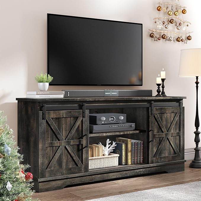 Farmhouse TV Stand for 65/60/ 55 Inch TV, Rustic Modern Entertainment Center with Sliding Barn Door, Wood TV Media Console Storage TV Cabinet for Living Room, Dark Rustic Oak