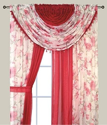 Sapphire Home Complete Window Sheer Two Tone Curtain Panel Set w/Valance and Tiebacks Multicolor Curtains for Bedroom and Living Room 4-Piece Set Window Curtain Panels 84 inches Blue Rose and Navy