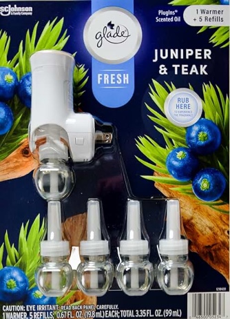 Glade Plugins Fresh Juniper and Teak, 5 Scented Oil Refills and 1 Warmer, Blue