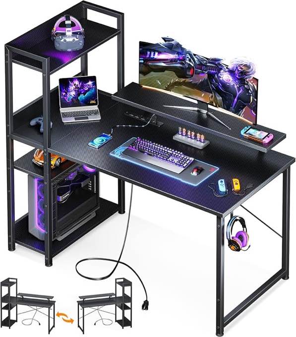 ODK Reversible Gaming Desk with Power Outlets, 40 Inch Computer Desk with Storage Shelves and Monitor Stand, Small Gamer Desk for Home Office, Small Space Bedroom, Carbon Fiber Black
