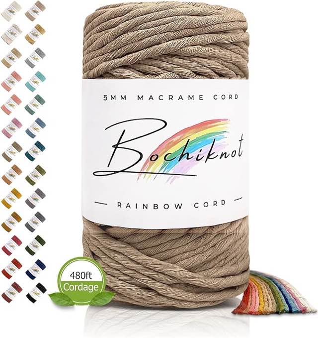 BOCHIKNOT Macrame Cord 5mm - Single Strand Macrame Cord - Cotton Cord for Macrame Knotting - Macrame Rope Supplies in 3mm 4mm 5mm for Crafts, Wall Hangings, Plant Hangers (160yds, Sand)