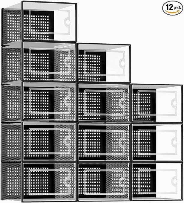 Kuject X-Large Shoe Storage Boxes Organizers for Closet 12 Pack, Fit Size 11,Clear Plastic Stackable Sneaker Containers for Entryway, Space Saving Shoe Rack Holder,Substitute for Drawer Organize Unit
