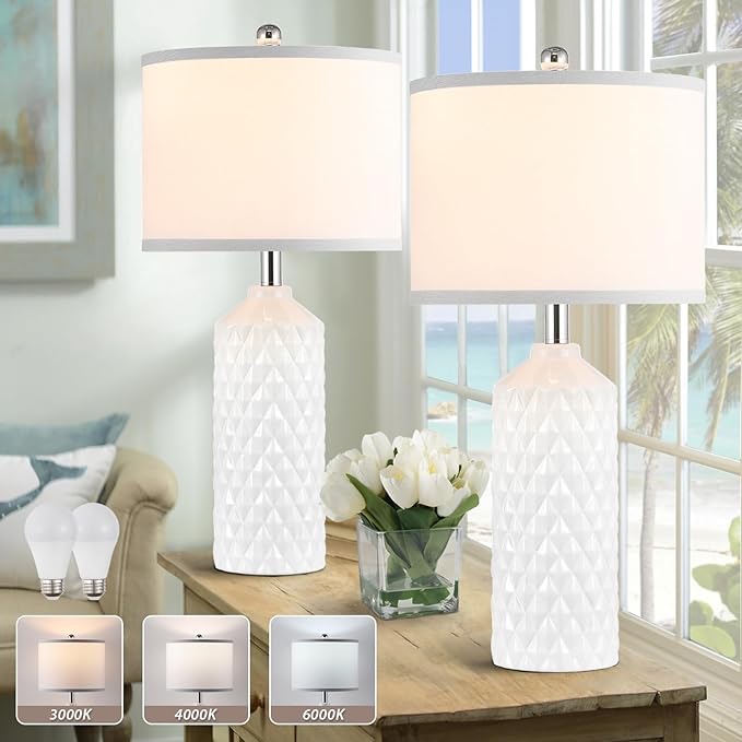 TUUANA 25.5in Ceramic Table Lamps Set of 2, Modern White Table Lamps for Bedroom Living Room with 3 Color Temperature - 3000K/4000K/6000K, Coastal Lamps for Nightstand Bedside with 2 LED Bulbs, 9W