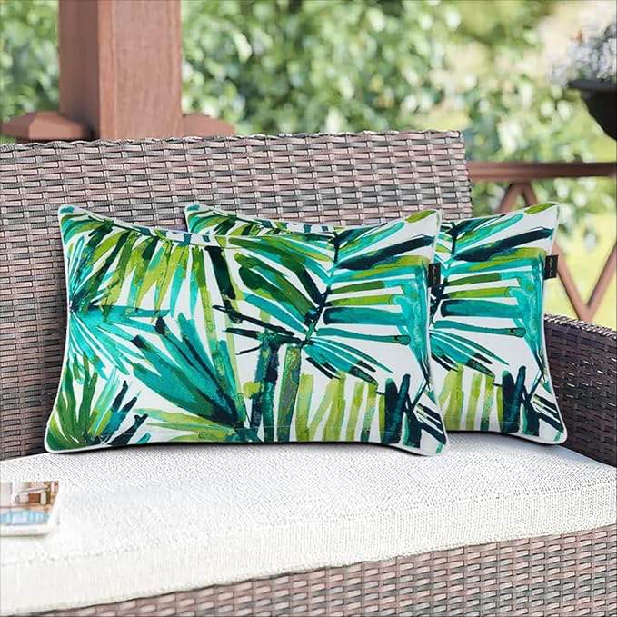 LVTXIII Set of 2 Patio Lumbar Pillows, 12â€?x20â€? Fade Resistant Outdoor Lumbar Pillow with Inners, Fluffy Decorative Garden Lumbar Cushions for Home Patio Coach Sofa Use, Swaying Palms Green