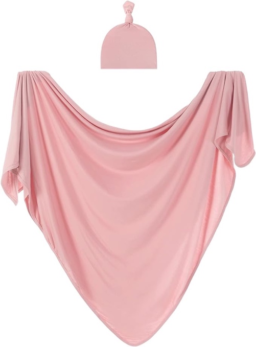 Bayceen Large Jersey Knitted Swaddle Blanket for Baby, Soft Stretchy Receiving Blanket for Newborns with Hat, Large 47 x 47 inches (Rose)