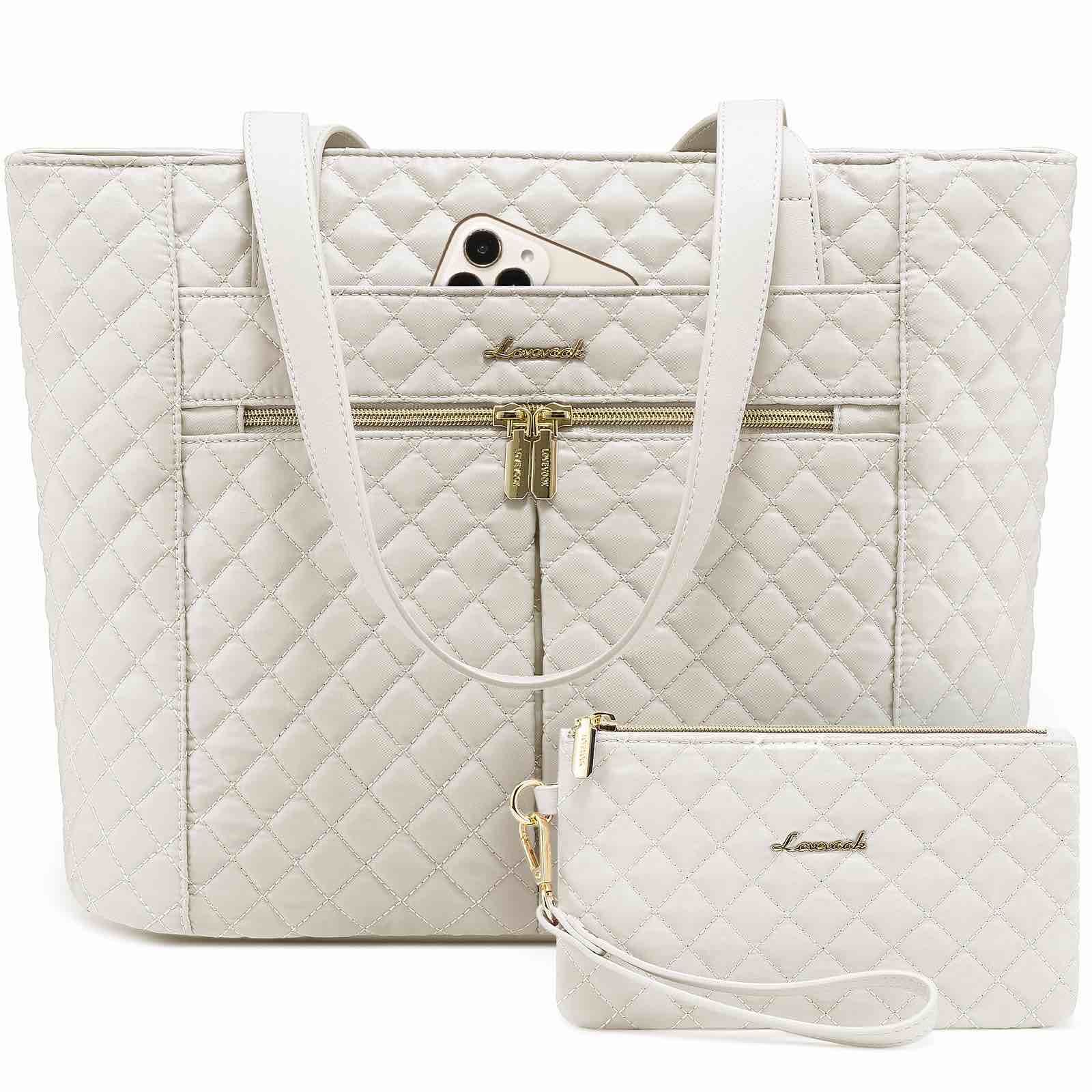 LOVEVOOK Laptop Bag for Women 15.6 inch,Diamond Quilted Work Tote Bags Women Laptop Tote Bag Computer Shoulder Bag,Stylish Travel Tote Bag Laptop Purse Briefcase Case Handbag with Clutch Bag,Off-white