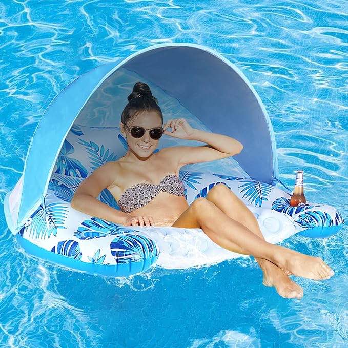 Pool Float with Canopy, Cup Holder - XL Pool Chair Lounge Float with Adjustable Sun Shade Cover, Drink Holder, Ergonomic Headrest,Inflatable Pool Float for Adults