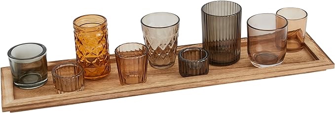 Creative Co-Op Wood Tray with 9 Brown Glass Votive Holders (Set of 10 Pieces)