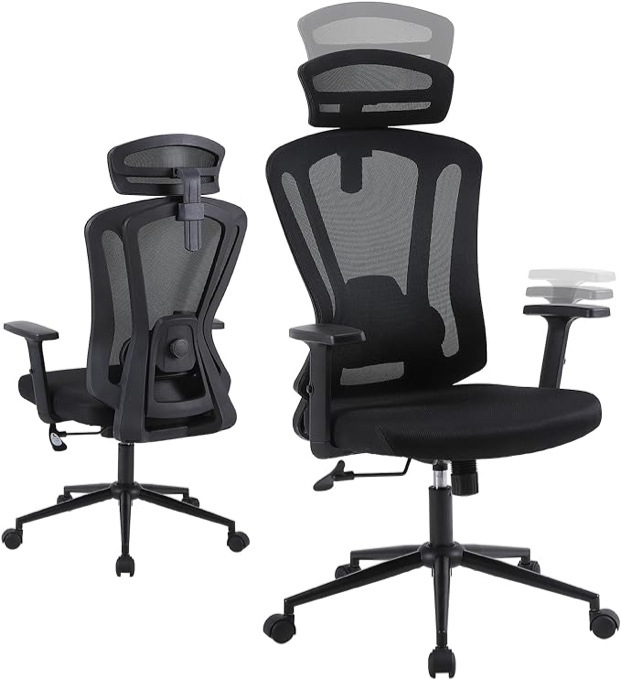 Ermnois Ergonomic Home Office Chair, High Back Desk Chair with Adjustable Lumbar Support, 2D Armrest and Headrest, Mesh Computer Gaming Chair with Tilt Function (1, Black) 1 Black