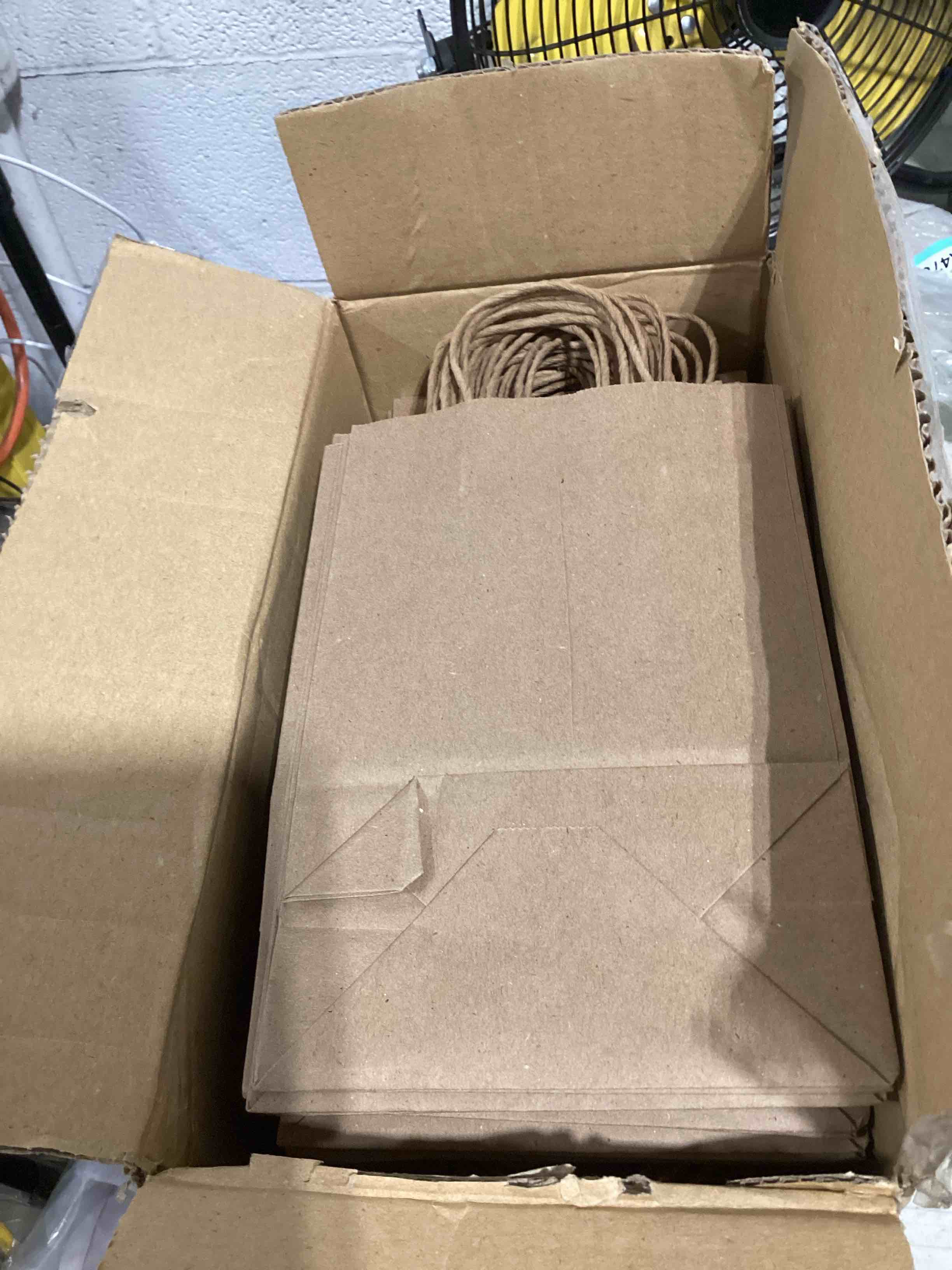 Condition photo showing As Is for brothersbox small brown paper bags with handles 100pcs, 5.25 * 3.25 * 8 inch kraft gift bags bulk for craft shopping business party favor retail birthday grocery