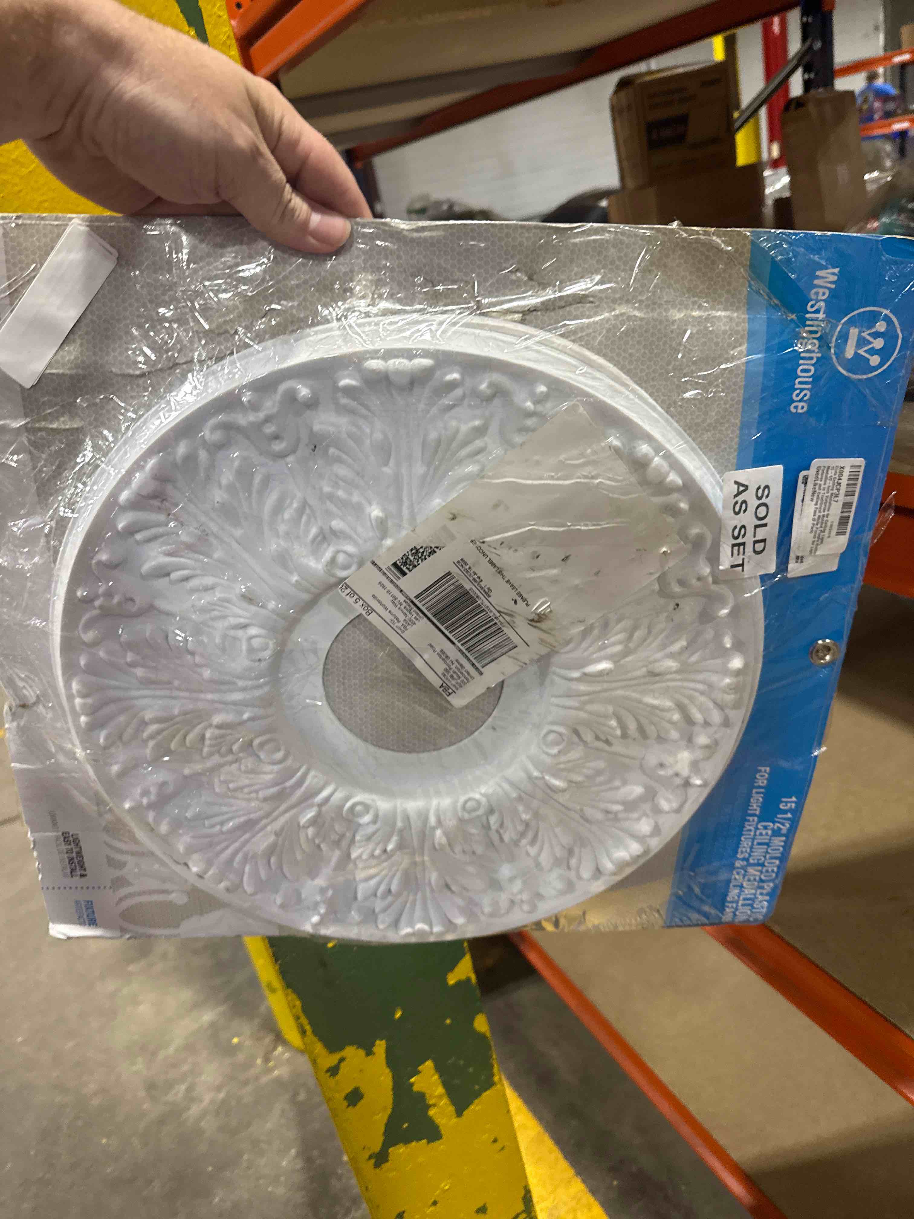 Condition photo showing As Is for westinghouse 7702800 15-1/2-inch victorian white finish ceiling medallion