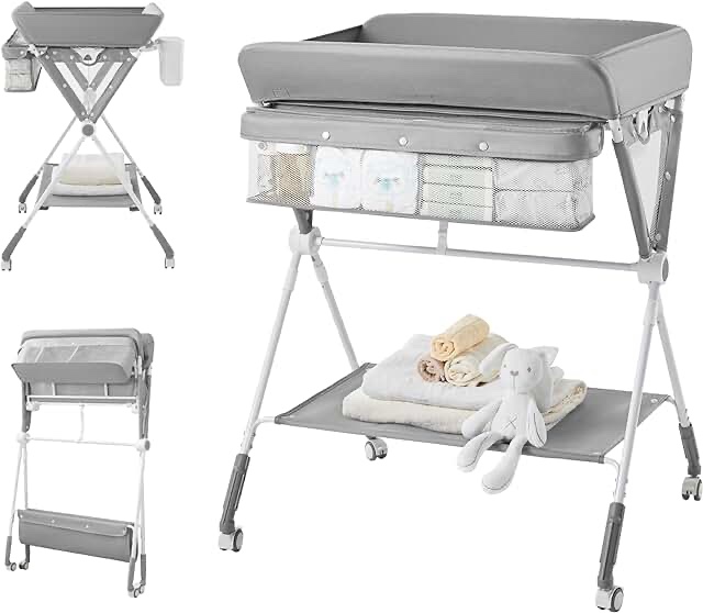 KUB Baby Changing Table, Portable & Foldable Diaper Changing Station with Large Organizers, 3-Level Adjustable Height, 4 Universal Wheels for Easily Placement