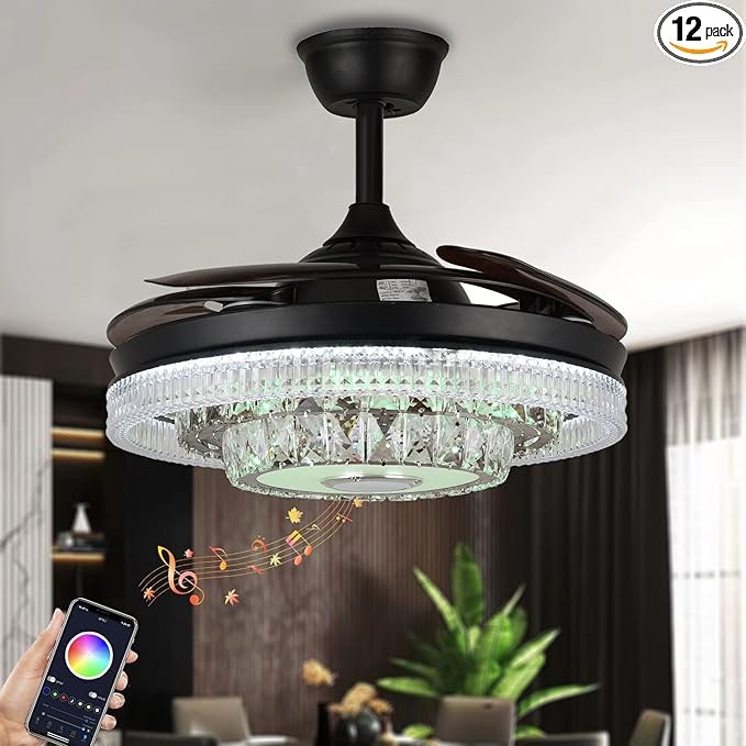 42 Inch Black Fandelier Ceiling Fan with App Remote Control and Bluetooth Speaker RGB LED Light Retractable Smart Ceiling Fan 6 Speed Timer Bluetooth Chandelier Ceiling Fan for Bedroom Living Room