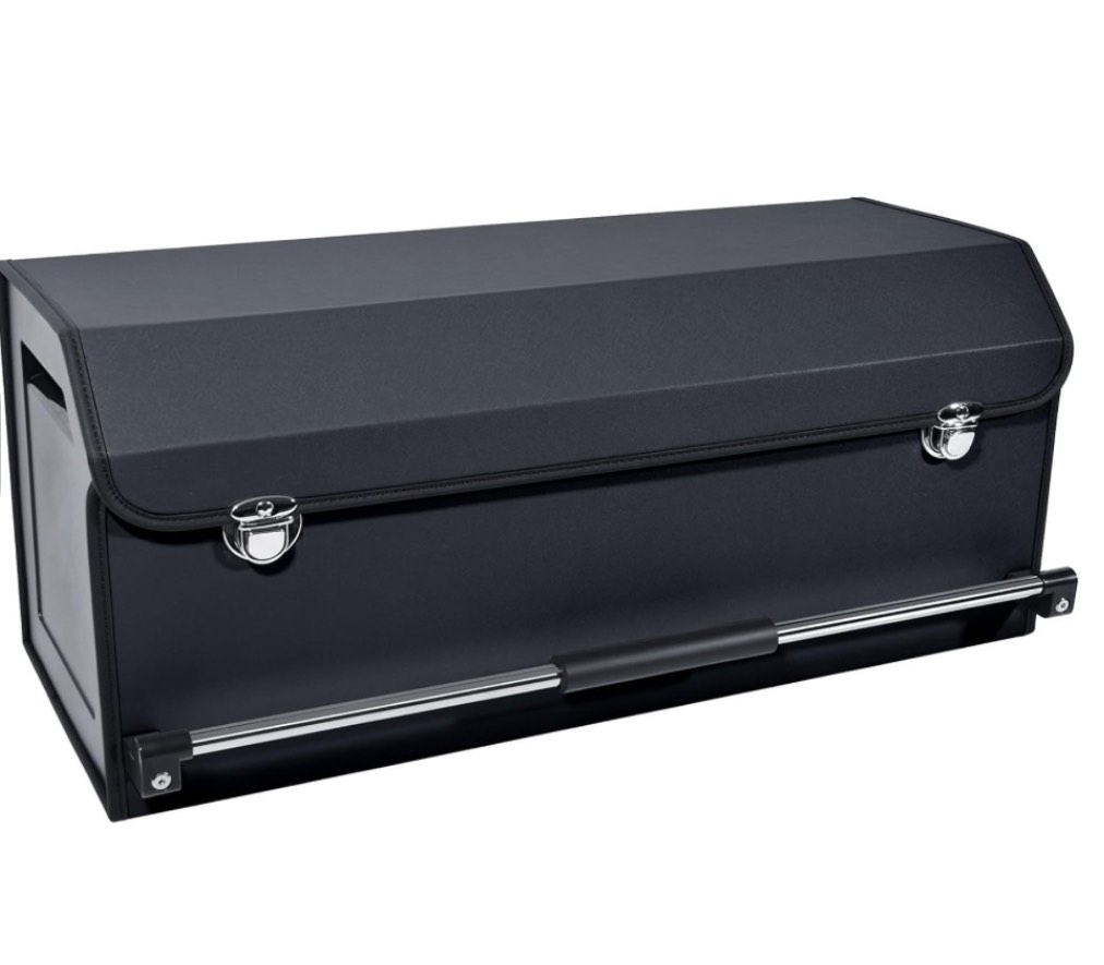 XCF Car Organizer Trunk, Durable Collapsible Leather Car Trunk Organizer with Lid and Sturdy Handle, Auto Cargo Storage Compartments, SUV/Car Accessories for Men/Women (11.4 x 27 x 12.2, Black)