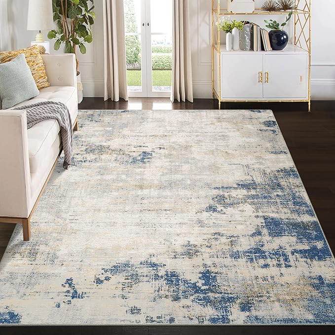 ROYHOME 8x10 Area Rug Machine Washable Modern Abstract Area Rug Contemporary Stain Resistant Non-Slip Floor Cover Carpet Rug Foldable Accent Rug for Living Room Bedroom Home Decor, Navy/Yellow