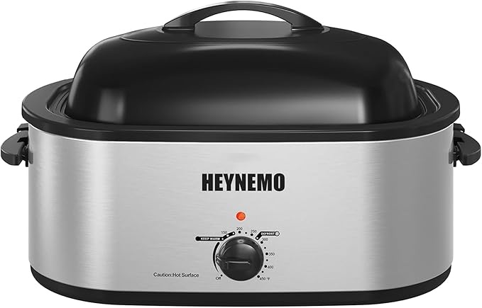 HEYNEMO Turkey Roaster Electric, 24 Quart Oven with Self-Basting Lid, Removable Pan and Rack, Adjustable Temperature Control Powerful 1450W Stainless Steel Oven, Silver Visit the HEYNEMO Store 4.6 