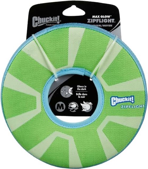 Chuckit! Max Glow Zipflight Flying Disc Dog Toy, Medium (8.5"), Green and White