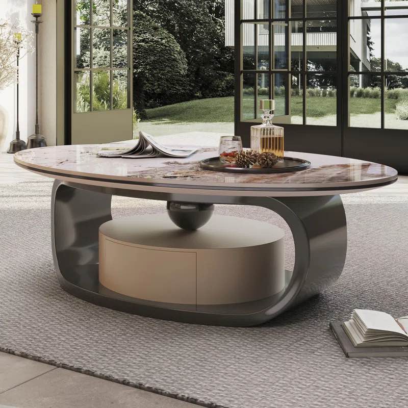 Hux 55.1" Modern Oval Faux Marble Coffee Table with Stainless Steel Sled Pedestal and Storage Drawer INCOMPLETE 