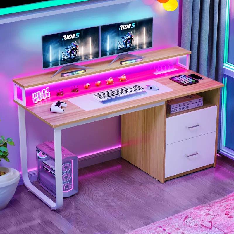 Brooksey 55'' Writing Desk with Charging Station & LED Light