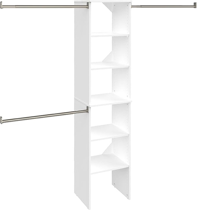 ClosetMaid SuiteSymphony Wood Closet Organizer Starter Kit with Tower and 3 Hang Rods, Shelves, Adjustable, Fits Spaces 4 – 9 ft. Wide, Engineered Wood, Pure White, 16"